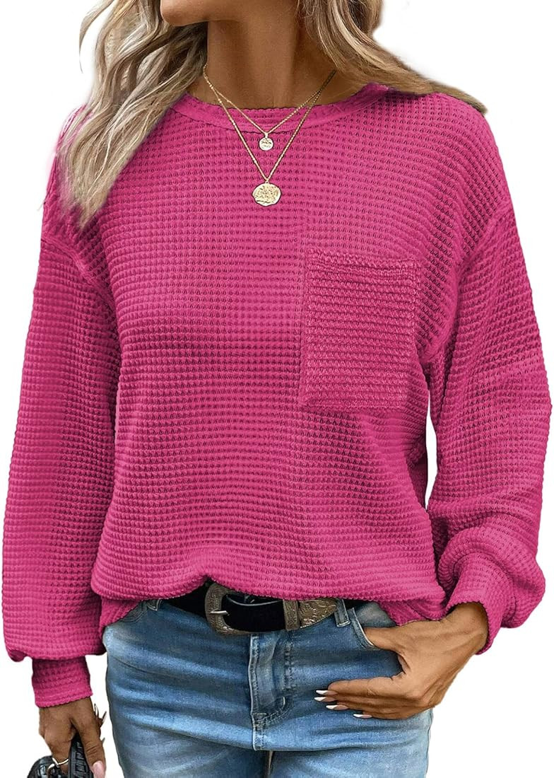 Dokotoo Womens Tops 2024 Oversized Long Sleeve Crewneck Waffle Knit Shirts Business Casual Blouse... | Amazon (US)