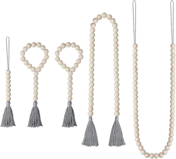 Mokof 5 Pack Wood Beads Garland with Tassels, Farmhouse Rustic Country Beads Holiday Decoration | Amazon (US)