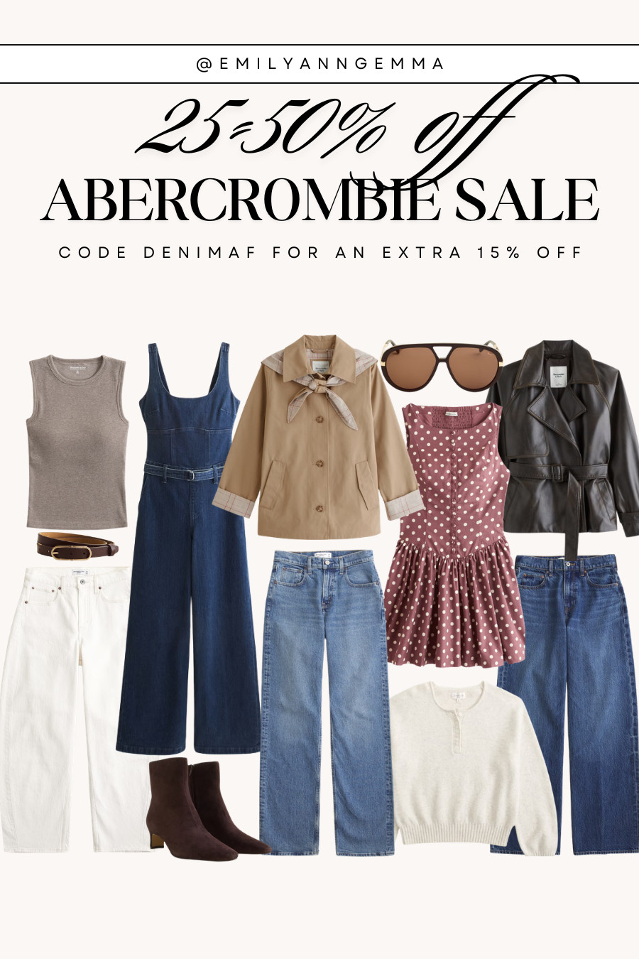 Abercrombie is 25–50% off, plus take an extra 15% off with code DENIMAF 🤎 From everyday denim and elevated basics to dresses and fall layers, these are the sale finds worth adding to cart.

Abercrombie sale
sale finds
denim
everyday basics
capsule wardrobe
elevated casual
fall layers
transitional outfits
neutral style
leather jacket
emily gemma 

 #LTKgrwm #LTKootd #LTKSaleAlert