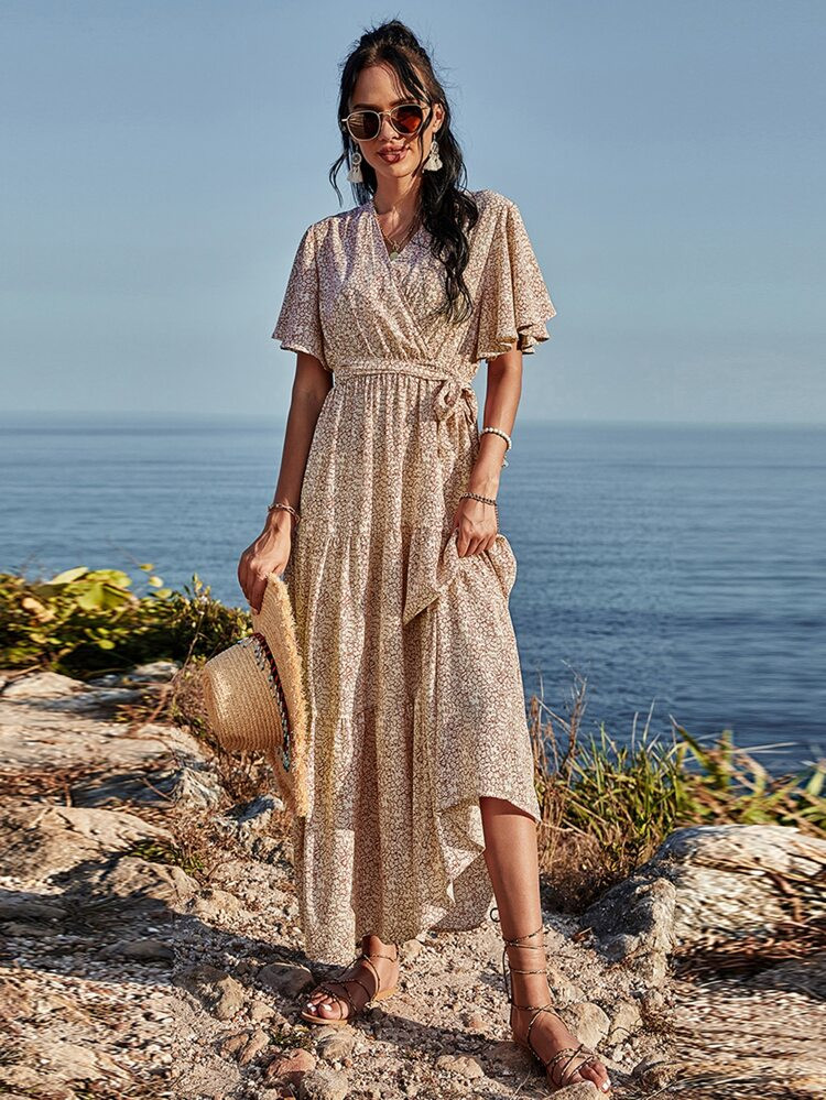 Ditsy Floral Print Ruffle Hem Belted Dress | SHEIN