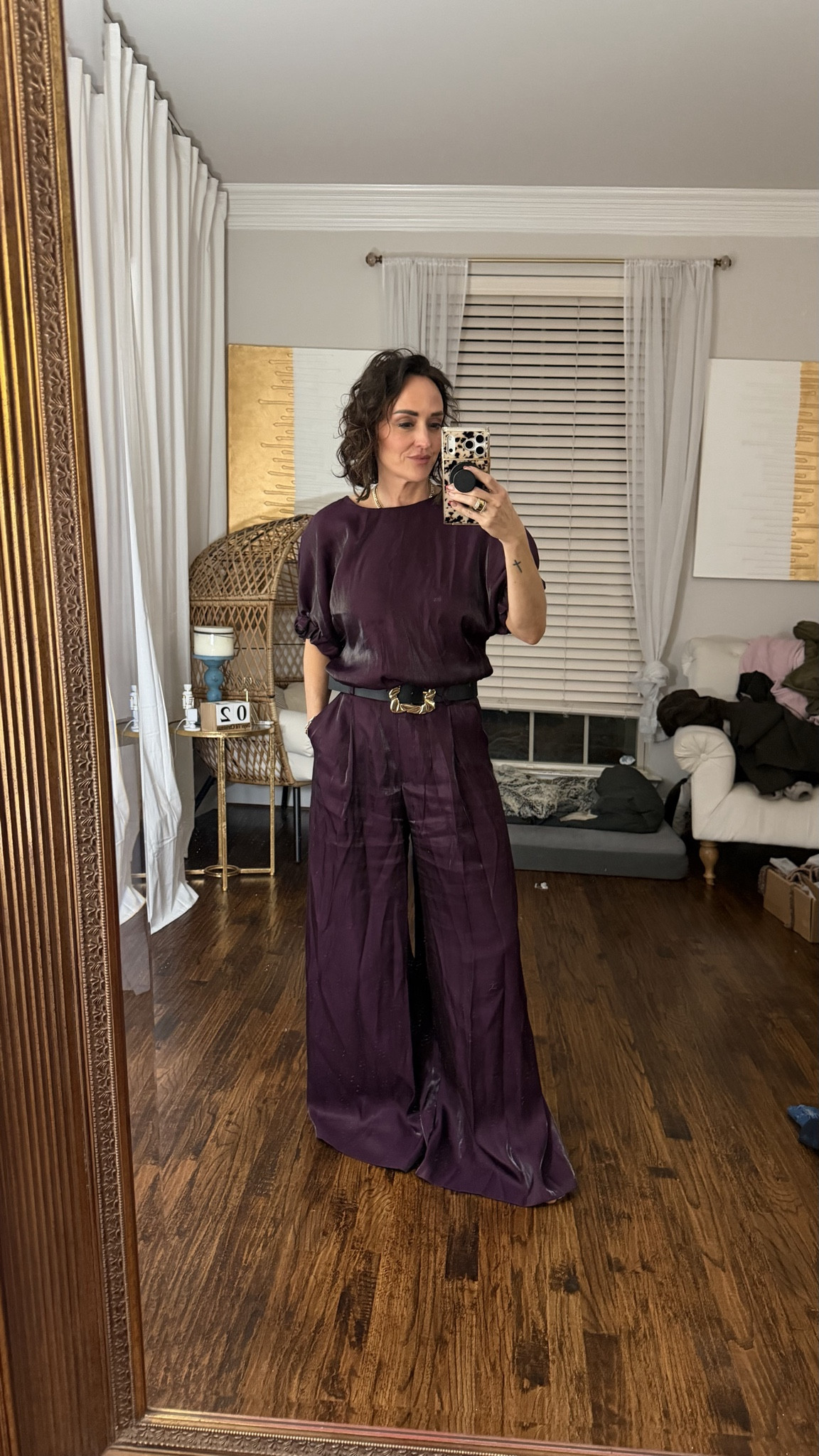 Xs top S bottoms 
Viral Zara wide leg pants now in a plum color and love the matching too 

#LTKOver40 #LTKHoliday #LTKFindsUnder100