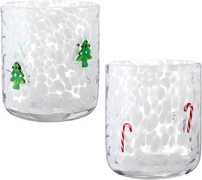 Christmas Icon Glasses 2 Pcs, 14 oz Hand Blown Old Fashioned Cocktail Glasses Set with Holiday Ic... | Amazon (US)