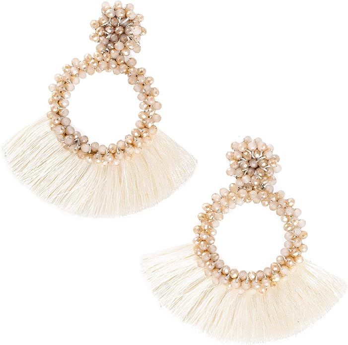 Paige & Pearl Statement Hoop Tassel Earrings for Women | Drop and Dangle Fringe Boho Earrings | G... | Amazon (US)