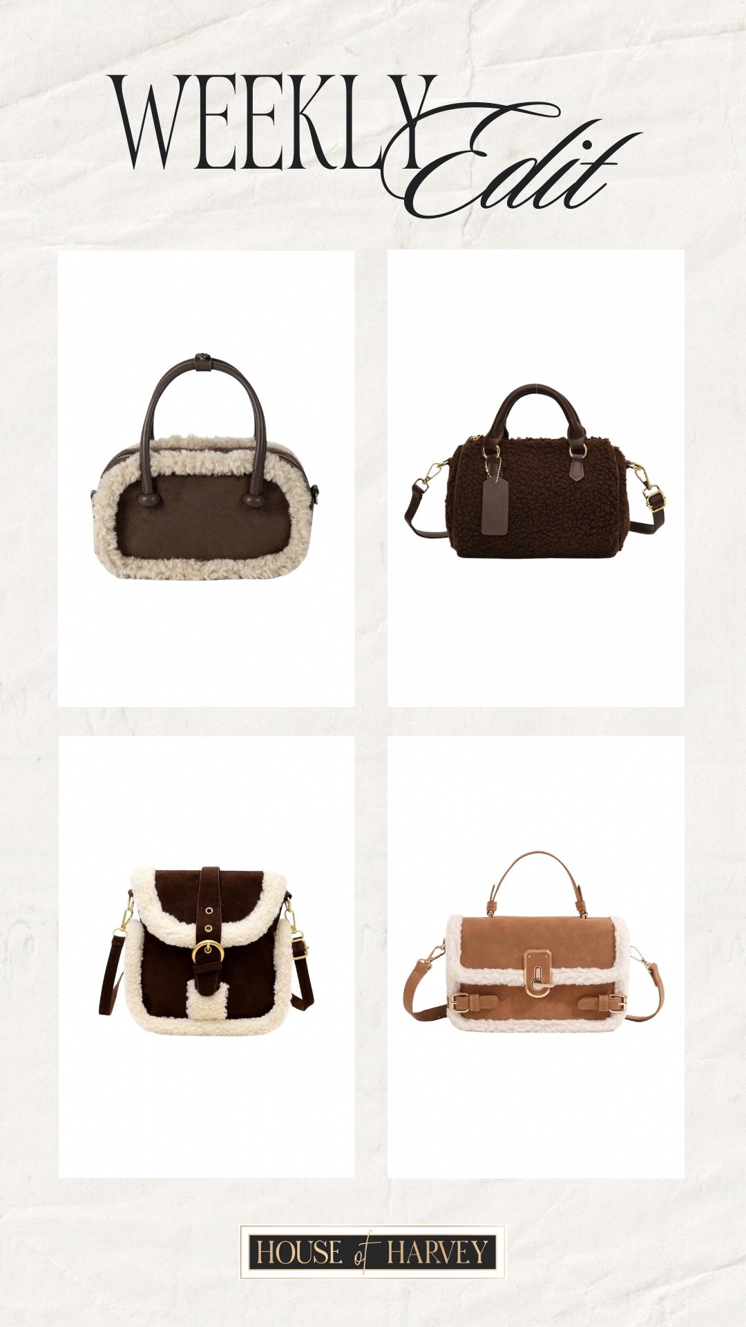 WEEKLY EDIT—this week it’s all about comfort meets couture. Channel mountain-lodge elegance with cable knits, shearling, and luxe layers in creams, chocolates, and soft taupe. Picture hot cocoa by the fire in cashmere socks, or an evening out in a belted wool coat and leather boots. This week is about winter textures, tonal neutrals, and easy layering that feels indulgent but never fussy. I found the cutest shearling handbags on Amazon that are perfect for this style vibe. They are all under $100. All linked ⬆️ 

#ltkcreator #ltkfinds #ltkwatchnow #ltkstyletip #amazon #amazonfinds #handbag #shearling #winter #winterfashion 

#LTKootd #LTKFindsUnder100 #LTKSeasonal