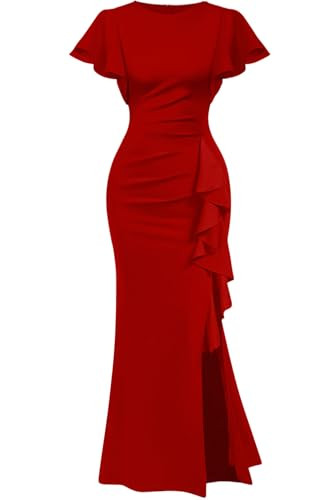 Memoriesea Women's Elegant High Split Ruched Bodycon Mermaid Evening Cocktail Maxi Dress Red | Amazon (US)