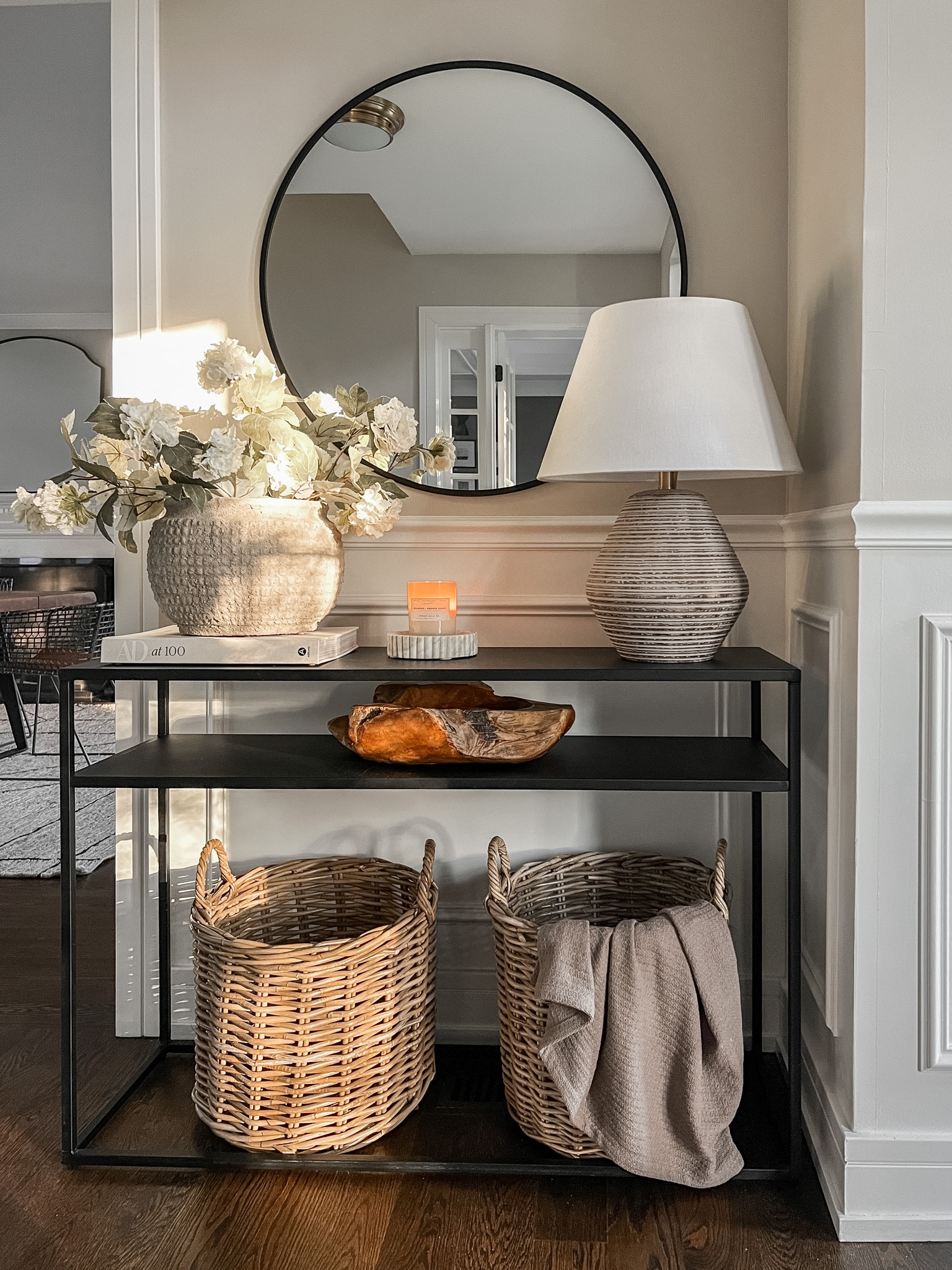 Spring entry console table styling. I love these faux snowball hydrangeas - they look so real and are very pretty! 

#LTKhome #LTKstyletip #LTKSeasonal