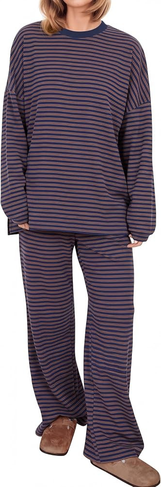 Womens Striped Lounge Set Oversized Long Sleeve TShirt | Amazon (US)