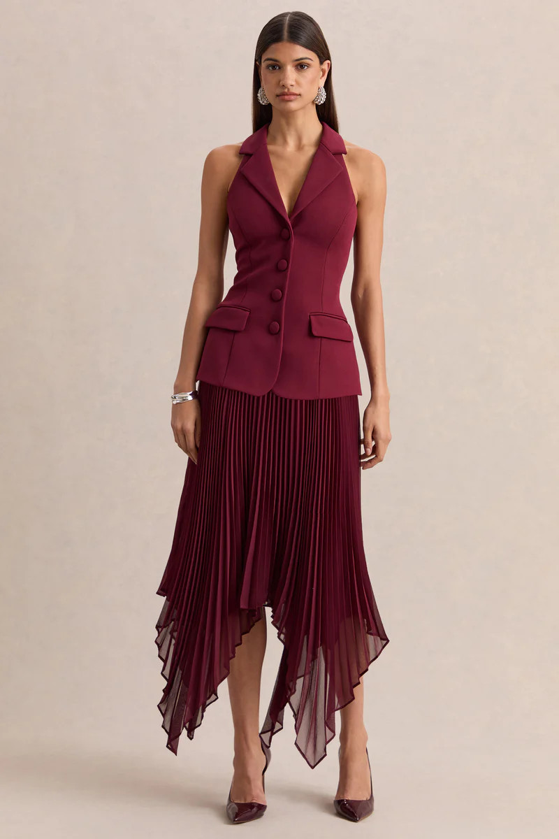 Marvelle | Burgundy Plunge-Neck Maxi Dress With Hanky Hem | Club L London