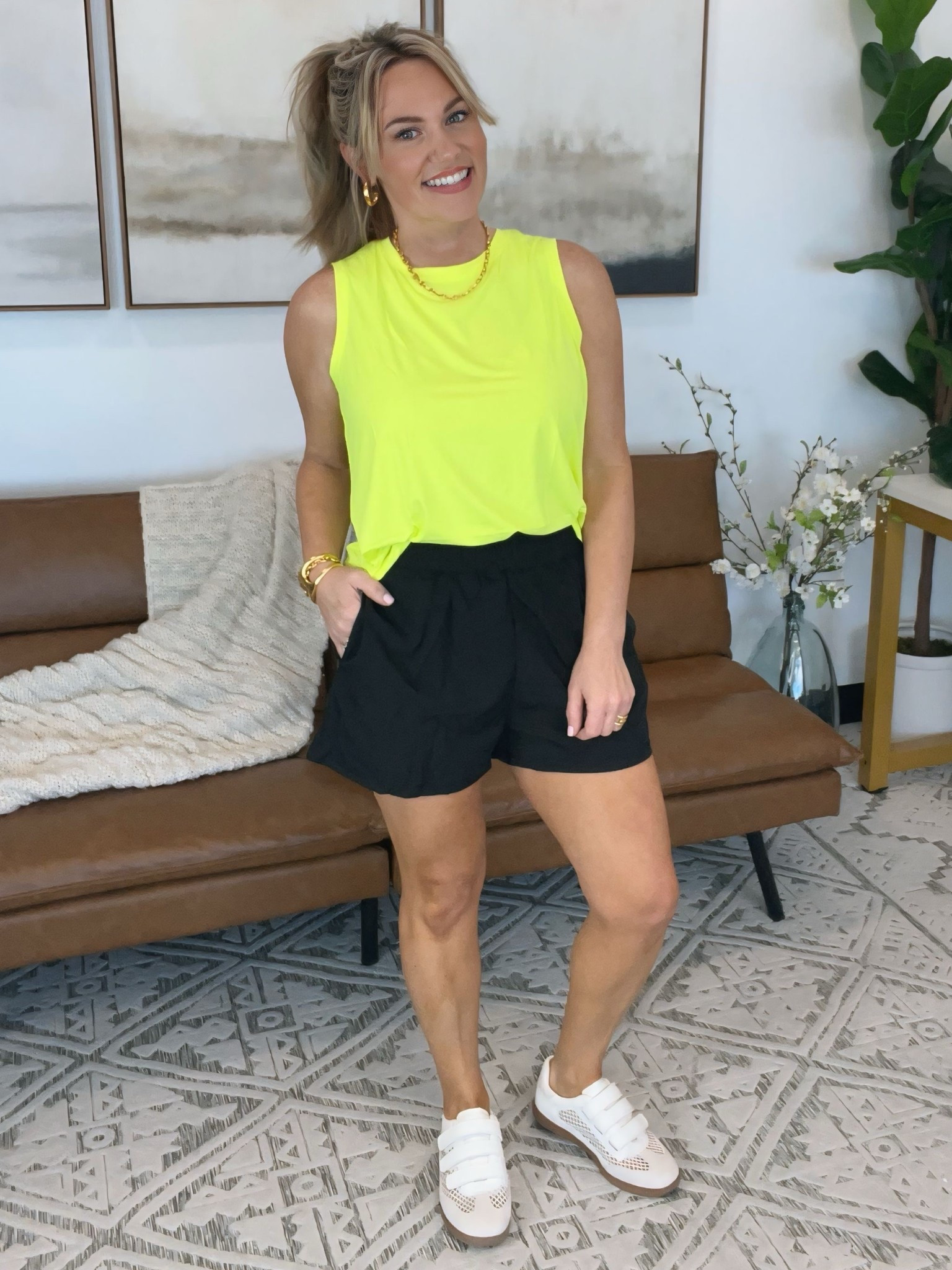 This neon tank paired with a classic black short delivers a flattering, performance driven look that stands out on the court while still feeling elevated. Finished with a supportive sneaker that keeps you comfortable from pickleball to post match errands.

Medium top, medium shorts, size 7.5 shoes

AudrieDollins, amazon fashion, pinspark, athleisure outfit, pickleball outfit, tennis outfit, neon tank outfit, black shorts outfit, sporty chic style, elevated athleisure, project cloud shoes, comfortable fashion