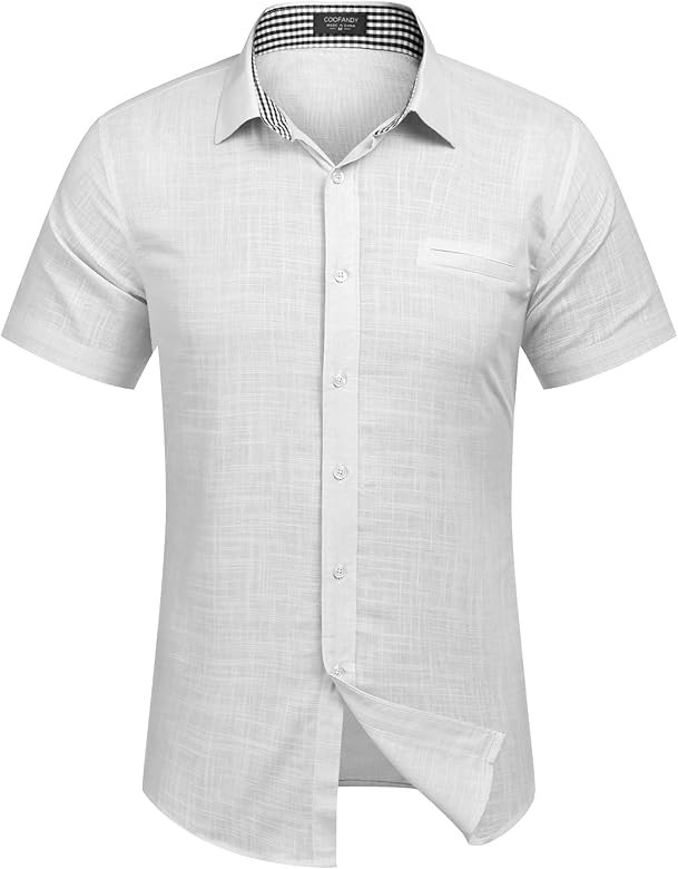 COOFANDY Men's Regular-Fit Short-Sleeve Solid Linen Cotton Shirt Casual Button Down Beach Shirt | Amazon (US)