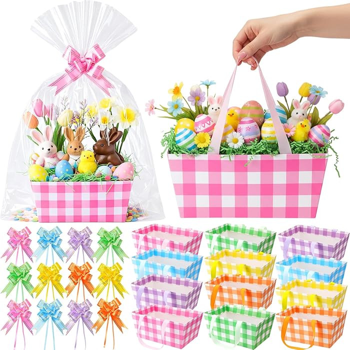 Funnymoom 12 Pcs Easter Basket for Gifts Empty with Cellophane Bag & Ribbon Bow Purple Green Pink... | Amazon (US)