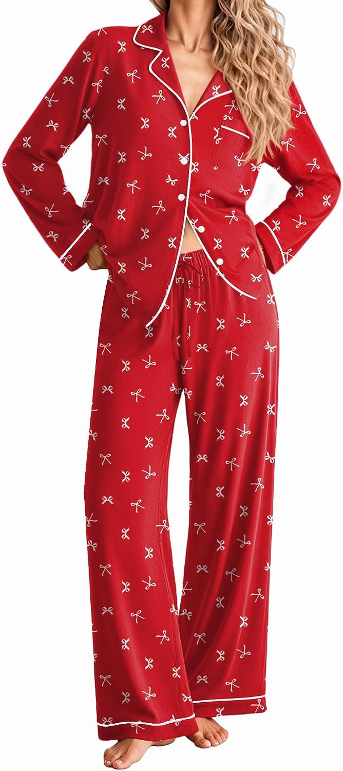 Ekouaer Women Christmas Pajama Long Sleeve Button Up Loungewear Striped Pjs | Amazon (US)