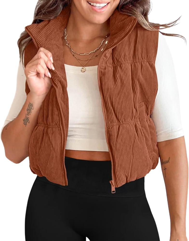 Tankaneo Womens Cropped Puffer Vest Corduroy Lightweight Sleeveless Padded Coat Zip Up Warm Outer... | Amazon (US)