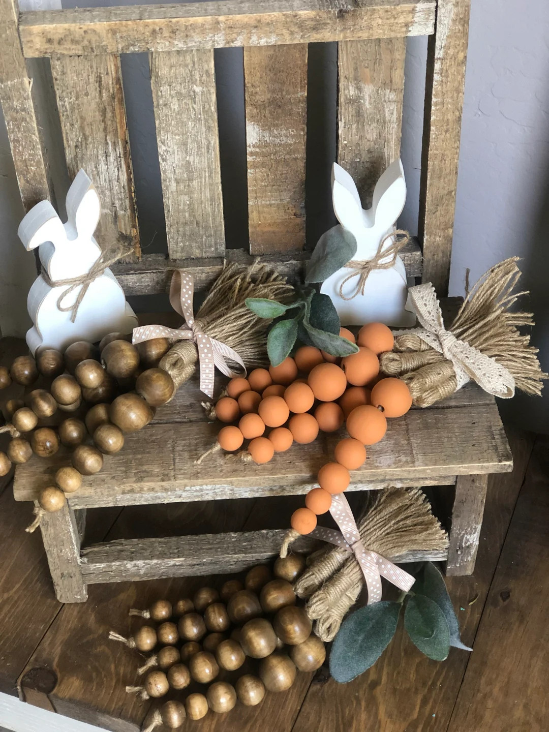 Wood bead carrots, carrot tiered tray decor, Easter tiered tray decor, Farmhouse Decor | Etsy (US)