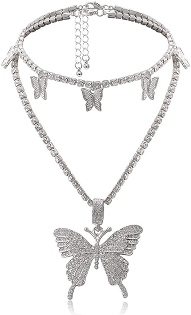 VESOCO Butterfly Choker Necklace Gorgeous 2 Layered Crystal Pendant Necklaces Sparkly Butterfly C... | Amazon (US)