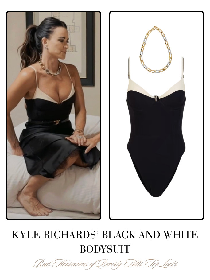 Kyle Richards' Black and White Bodysuit // Necklace by Nicholas Haywood 

 