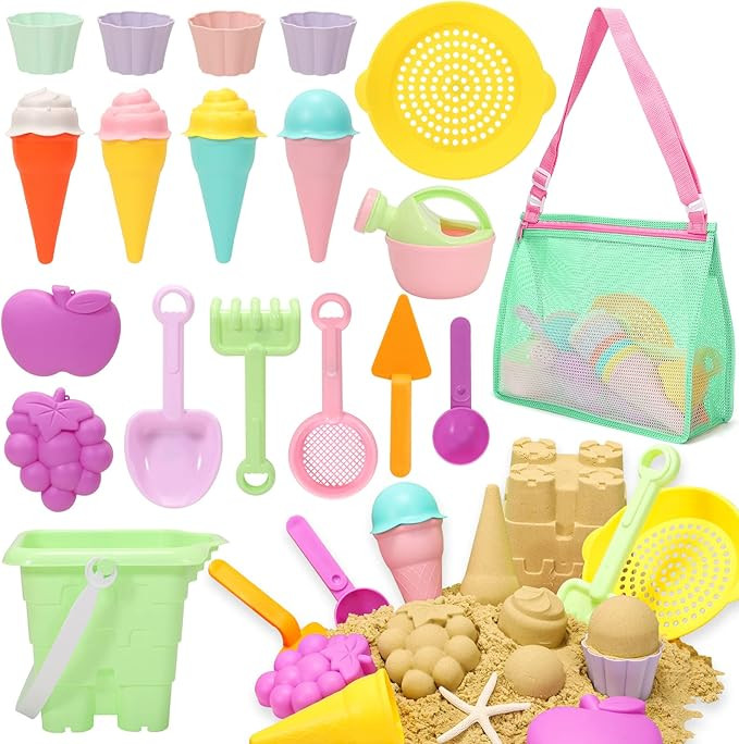 Tagitary Beach Sand Toys for Kids, Beach Toys 23PCS Set with Ice Cream Cake Sand Molds, Mesh Beac... | Amazon (US)
