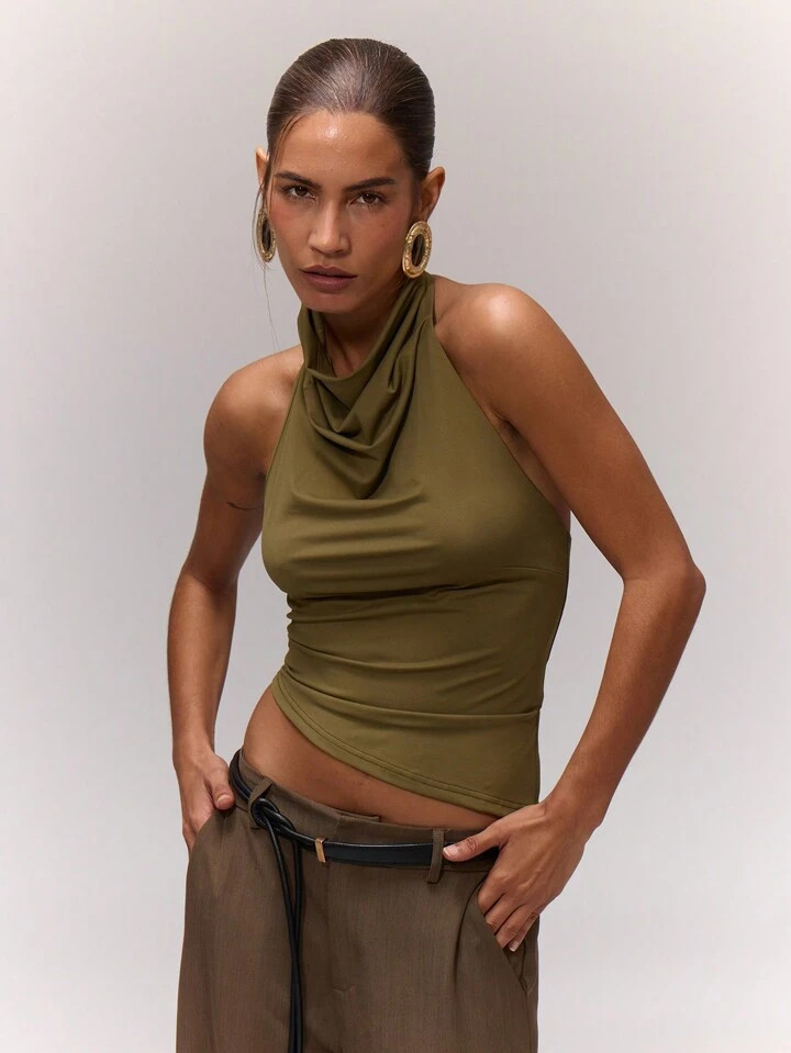 MUSERA Going Out Tops Draped Asymmetric Halterneck Top Summer Holiday Ibiza Outfit Everyday Capsule Wardrobe | SHEIN