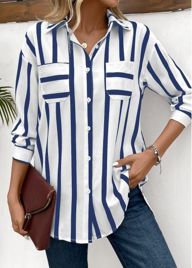 Pocket Striped Blue Shirt Collar Long Sleeve Blouse | Rotita.com - USD $31.98 | rotita.com