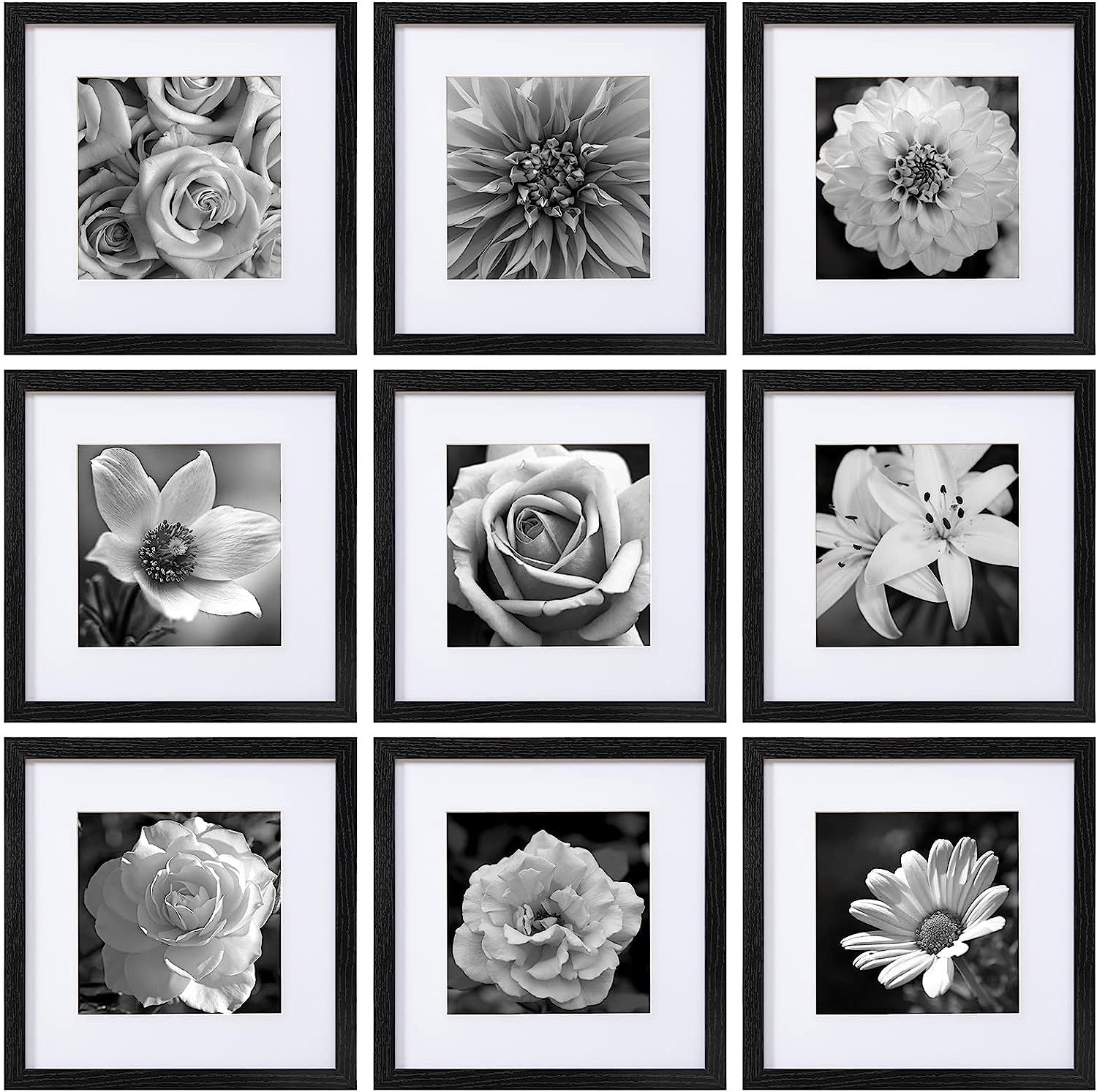 eletecpro 12x12 Picture Frames Black Set of 9, Wooden Square Frame Displays 8x8 with Mat and 12x1... | Amazon (US)