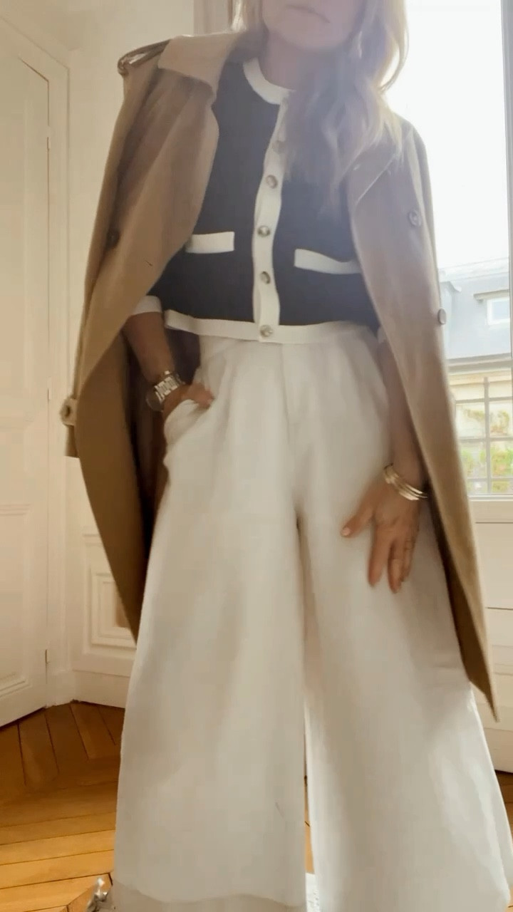 What I wore for sightseeing in Paris: comfortable sneakers, wide leg trousers, cropped lady sweater, trench coat 

#LTKOver40 #LTKTravel #LTKSeasonal