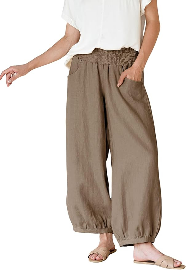 Xiaoxuemeng Womens Wide Leg Barrel Pants Cotton Linen Elastic Waist Trouser | Amazon (US)