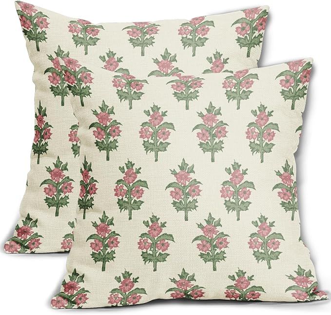 Sage Green Pink Floral Pillow Covers 18x18 Set of 2 Spring Flower Leaves Print Decorative Throw P... | Amazon (US)