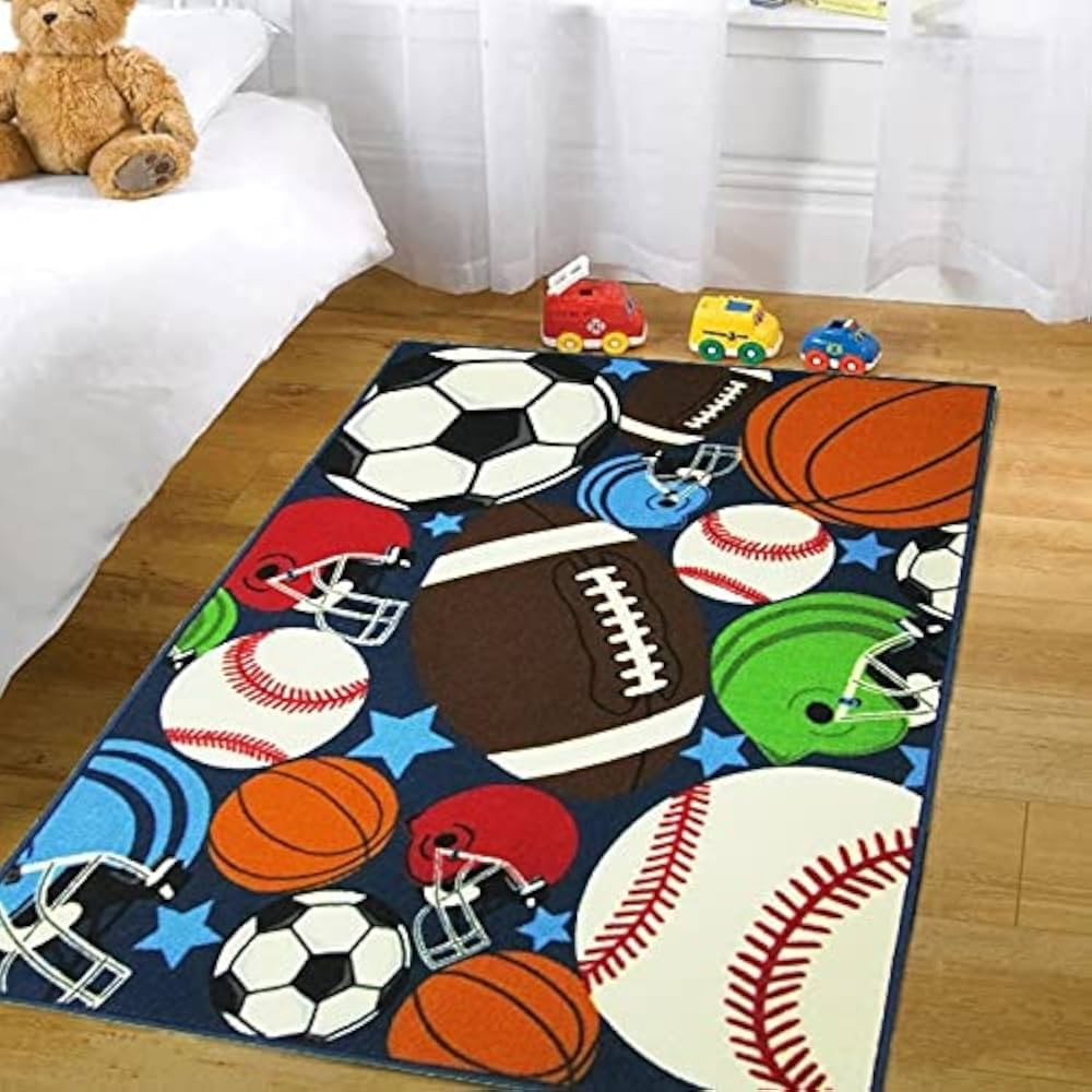 Blue Kids Rug Fun Sport Rugs Nylon Carpet Boys Girls Childrens Rug Balls Print with Soccer Ball, ... | Amazon (US)