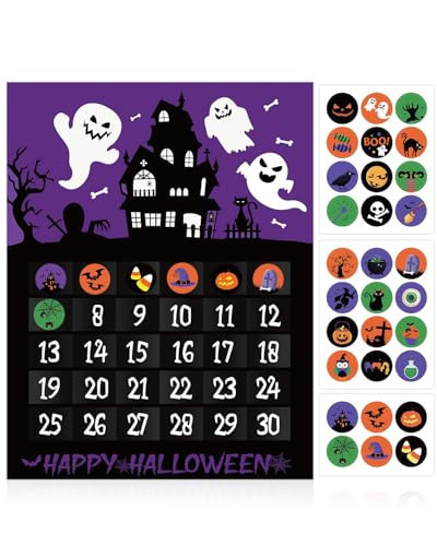 Sinasasspel Halloween Advent Countdown Calendar, 30 Days Countdown to Halloween with Ghost Black Cat Pumpkin Removable Sticker Poster, Purple Haunted House Wall Decor for Kids Home Classroom Office | Amazon (US)