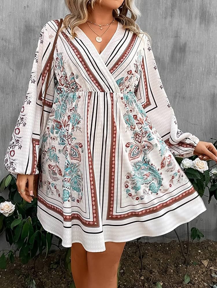 AUTOOI Plus Women's Dress Plus Floral Print Lantern Sleeve Dress (Color : White, Size : 3X-Large) | Amazon (US)