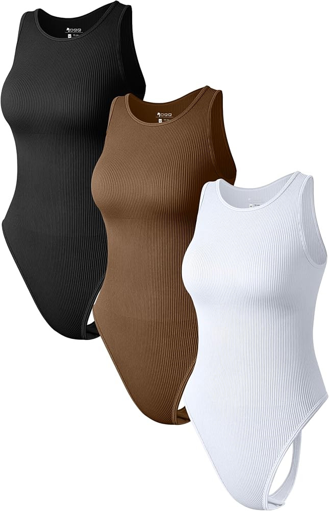 OQQ Women 3 Piece Bodysuits Sexy Ribbed Sleeveless Halter Neck Basic Thongs Bodysuits | Amazon (US)