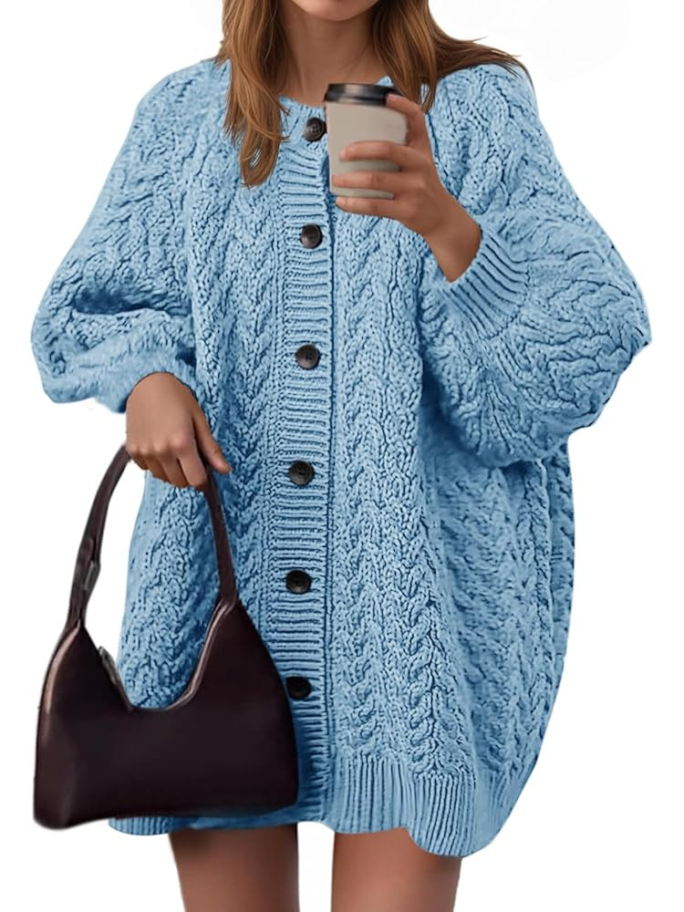 Saodimallsu Womens Cable Knit Cardigans Oversized Chunky Button Down Long Lantern Sleeve Crew Nec... | Amazon (US)