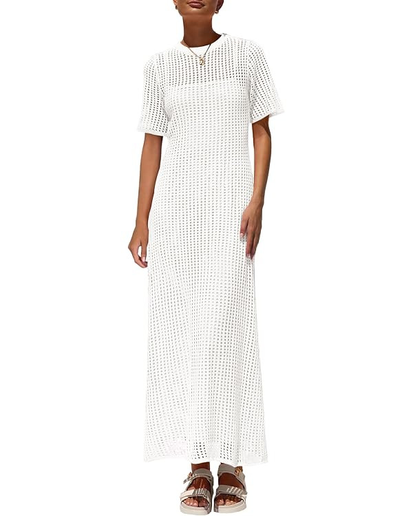 PRETTYGARDEN Womens Eyelet Cover Up Dress 2026 Summer Vacation Resort Maxi Dresses Beach Short Sl... | Amazon (US)
