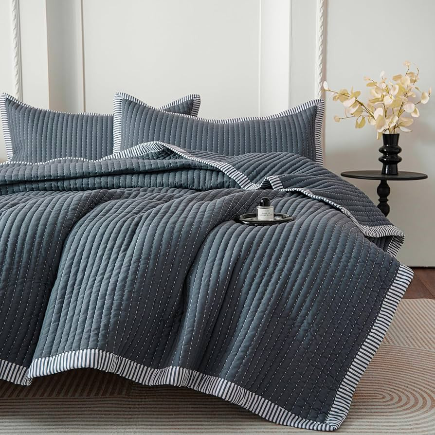 BOV Quilts Queen Size,3-Piece Grey Ticking Bedding Set with 92"x96" Quilt & 2 Pillow Shams Lightw... | Amazon (US)