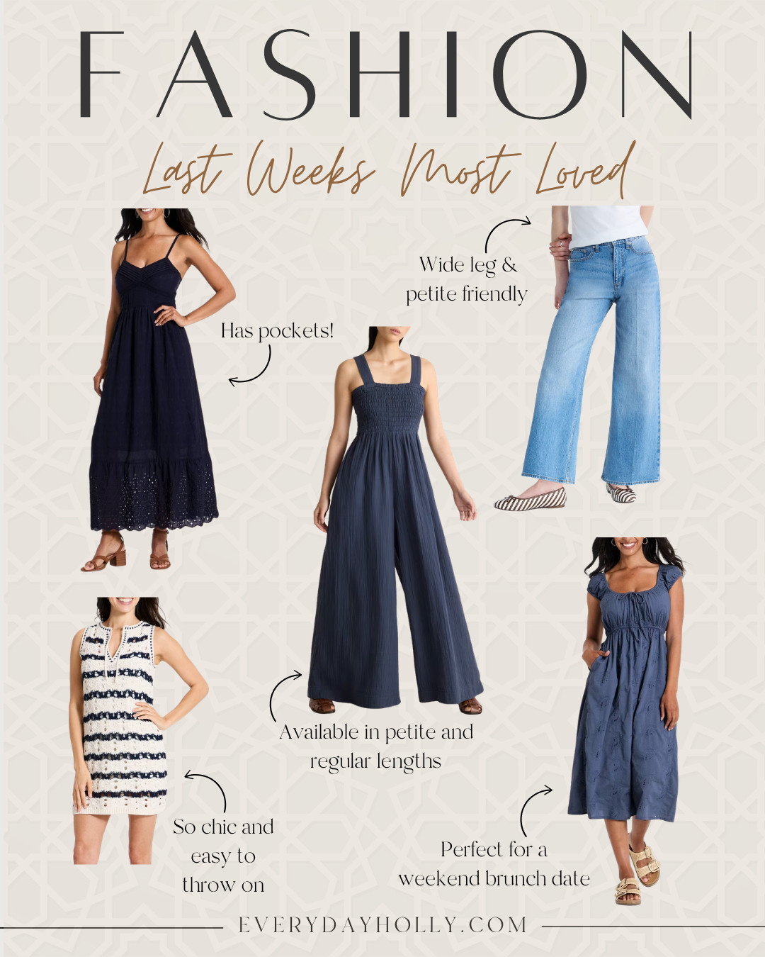 Last week's fashion favorites are full of timeless pieces you'll reach for all season long. From petite friendly wide leg jeans and effortless summer dresses to an easy throw on sweater dress and a chic navy jumpsuit, these are the styles everyone has been loving lately. Every piece is versatile, flattering, and easy to mix and match for everyday wear.

EverydayHolly, petite fashion, summer outfits, petite friendly jeans, wide leg jeans, navy dress, navy jumpsuit, sweater dress, casual outfit ideas, classic style, capsule wardrobe, affordable fashion 

 #LTKootd #LTKSeasonal #LTKOver40