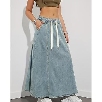 Womens Denim Skirt Casual High Waist Paperbag Elastic A Line Long Maxi Flare Skirt Summer Beach J... | Amazon (US)