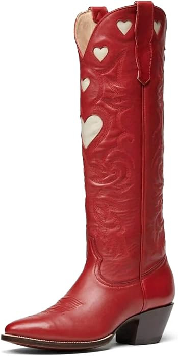 Cowboy Boots for Women Wide Calf Round Toe Chunky Stacked Heel Knee High Cowgirl Boot Heart Patte... | Amazon (US)