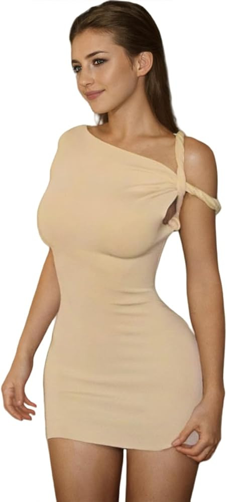 Amazon.com: Y2k Sexy Bodycon Short Sleeve Cut Out Boat Neck one Shoulder Mini Sundress Women Summ... | Amazon (US)