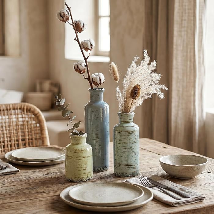 Ceramic Vase Set of 3, Rustic Distressed Bud Vases for Home Decor, Cottagecore Small Decorative Vases for Flowers, Centerpiece Table Vase Set for Living Room Kitchen Shelf Mantel Farmhouse | Amazon (US)