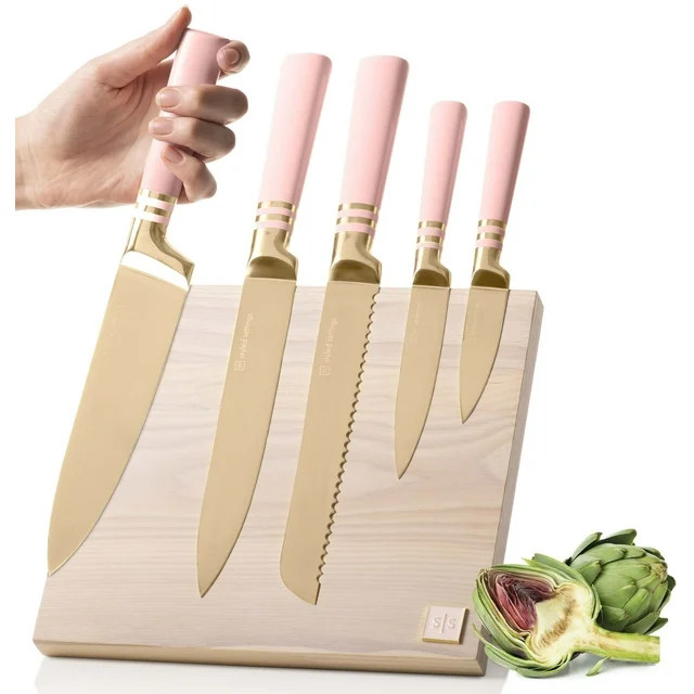 Styled Settings Pink Knife Set with Magnetic Knife Block - 6 PC Pink and Gold Knife Set with Bloc... | Walmart (US)