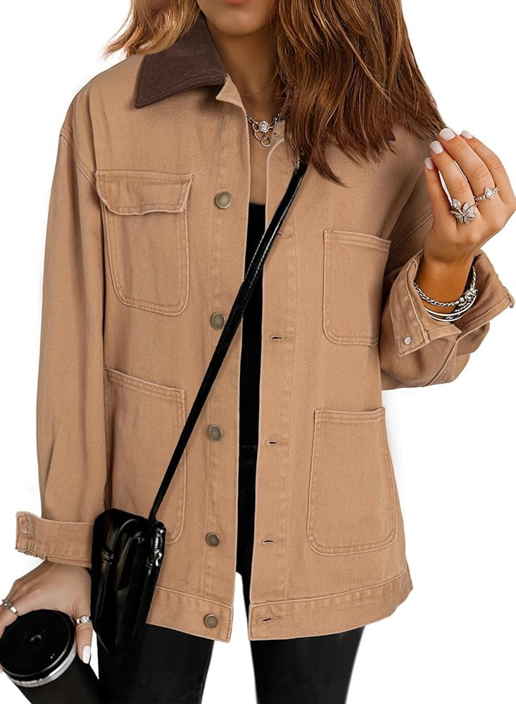 Dokotoo Jean Jacket Women Trendy Fall Fashion Long Sleeve Denim Jacket Color Block Barn Jackets O... | Amazon (US)