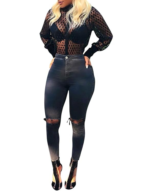 Women's Button Down Shirt Polka Dots Sheer See Through Long Sleeve Blouse | Amazon (US)