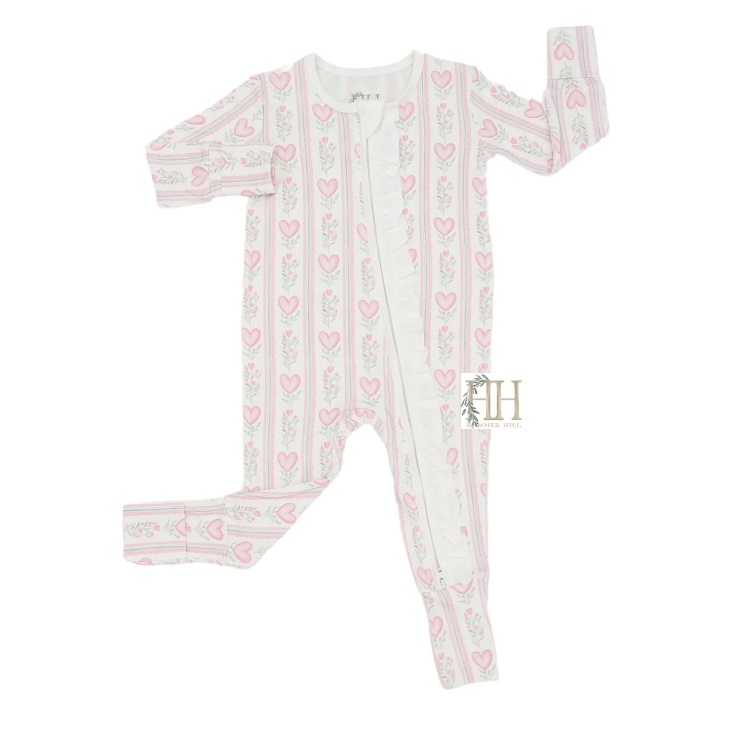 Girls Floral Heart Ruffle Double Zipper Romper | Hamner Hill
