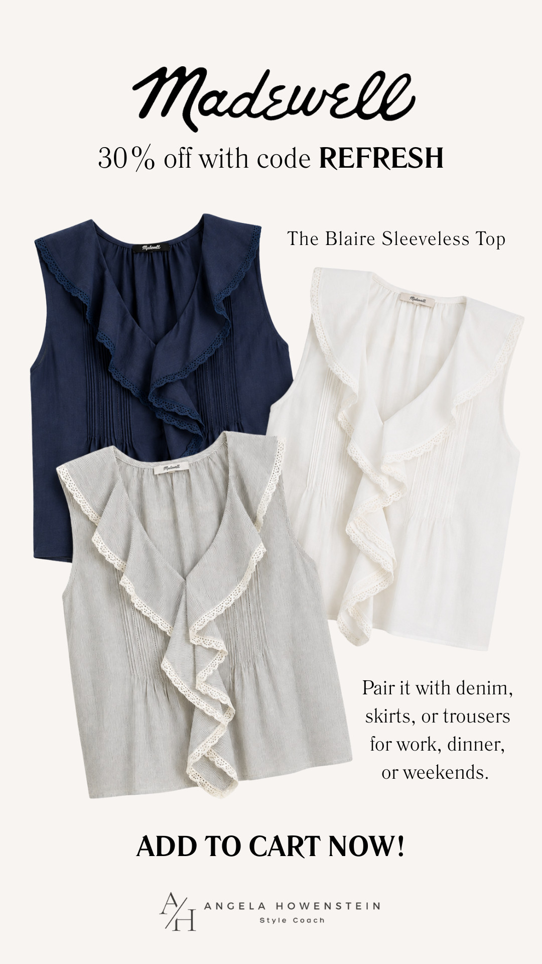 The Madewell Blaire Sleeveless Top is one of those pieces you'll wear on repeat. The feminine ruffle detail instantly elevates jeans, shorts, skirts, or trousers, and it's 30% off with code REFRESH.

👩‍💻 LTK PRO TIPS
❤️ Heart = Support my posts ;-)
🔖 Save = Get sale & restock alerts for the things you love!
📋 Lists = Keep favorites organized (List ideas: Christmas, Birthdays, and Vacations!)
📲 Share = Send lists and products to a friend (or your daughters like me).
💬 Comment = Ask me anything, and I'll answer. ;-) 

 #LTKootd #LTKOver40 #LTKSaleAlert