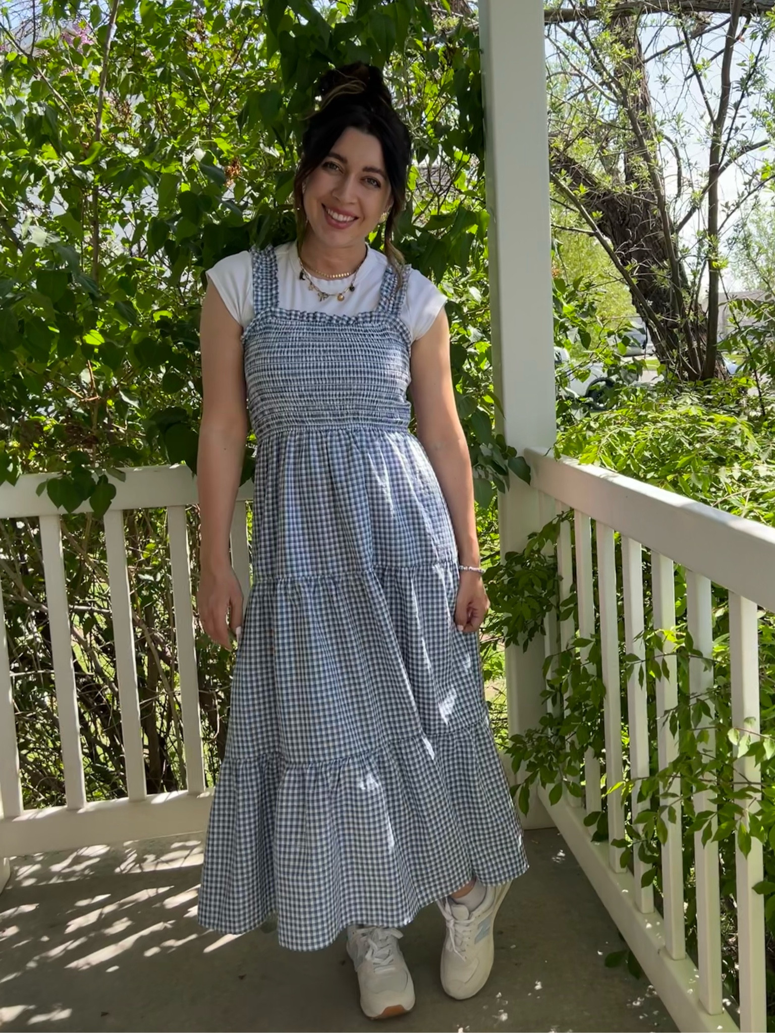 Cute dress with white T-shirt underneath combo I wore this to work while I work from home and marketing for a casual but cute outfit that made me feel more put together. I love this blue and white gingham plaid dress and pairing it with my gold, coastal, grandmother, inspired jewelry, seashell, gold earrings, gold, seashell, and bow, charm, necklace, and blue and white Etsy bracelet. 
These shoes are literally my favorite ever. I got them for my birthday and they have been so much fun to style. I love the blue and white new balance shoes.  

#LTKshoecrush #LTKSeasonal #LTKfindsunder50