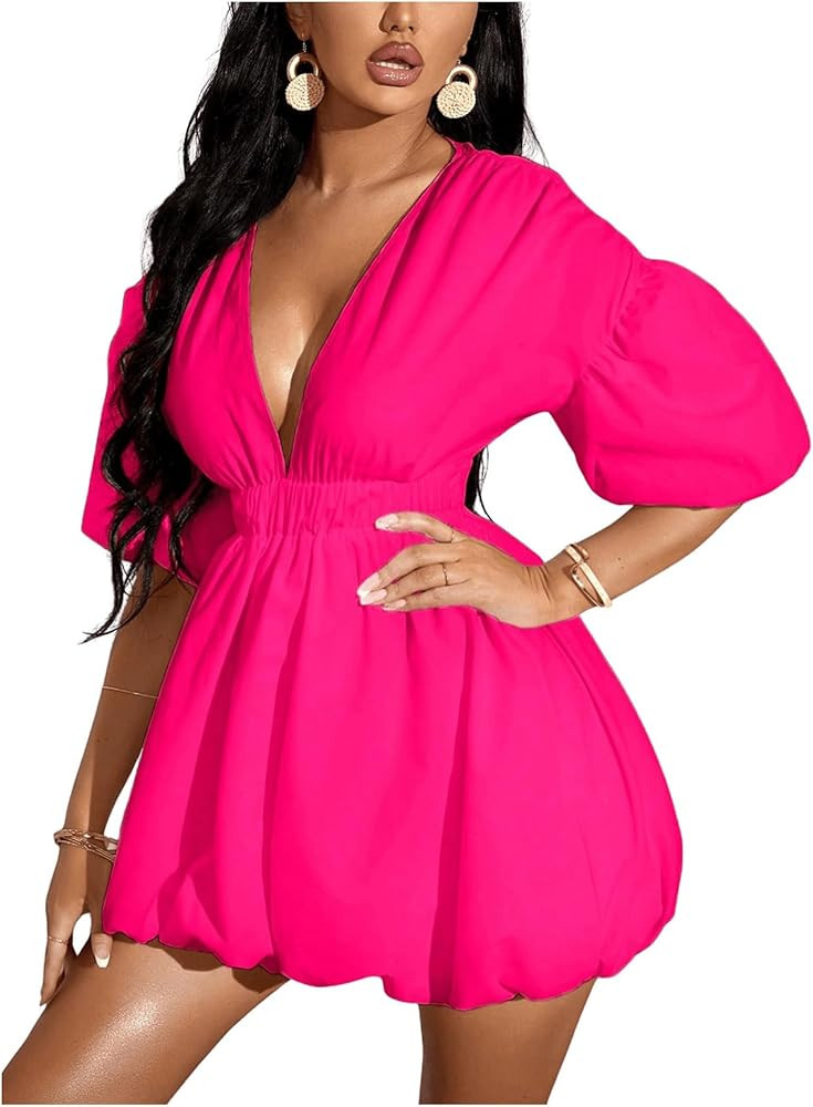 WDIRARA Women's Deep V Neck Puff Sleeve High Rise Flare Dress Elastic Waist Dress | Amazon (US)
