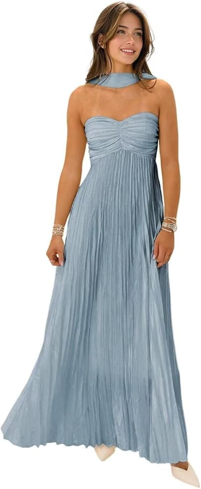 Women's Strapless Chiffon Bridesmaid Dresses with Scarf Long A-Line Pleated Formal Evening Dress ... | Amazon (US)
