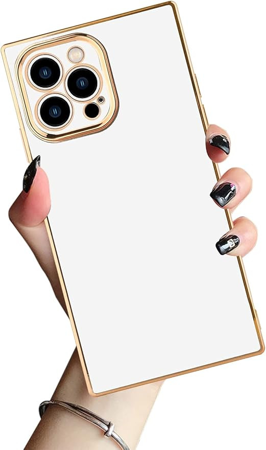 DAHAOGUO Case for iPhone 13 Square Case Gold Border White Soft TPU Bumper Anti-Drop Anti-Scratch ... | Amazon (US)