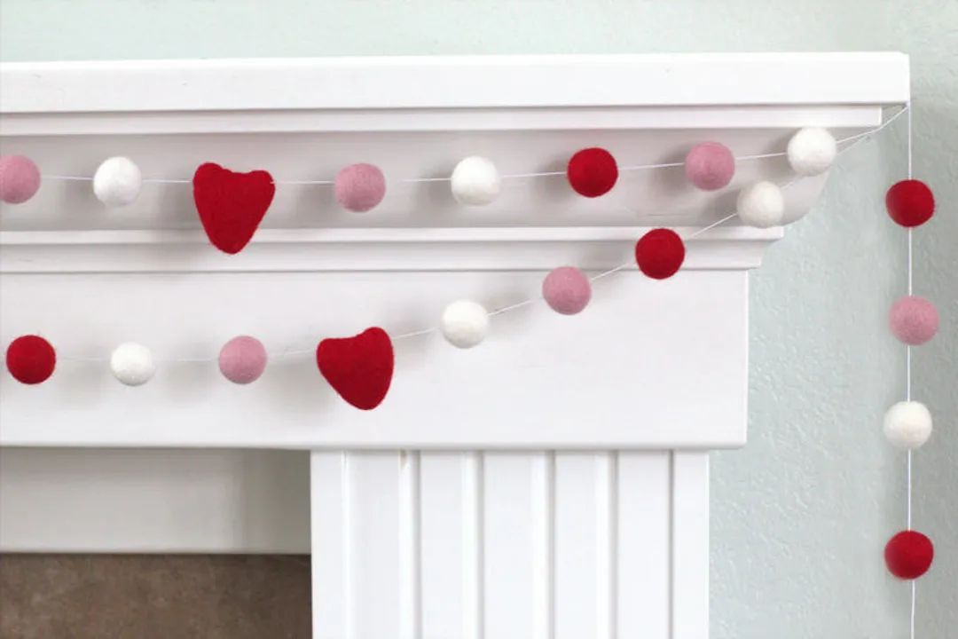 Red, Pink, White Felt Ball & Heart Garland - Valentines Holiday Party Nursery Childrens Room Deco... | Etsy (US)