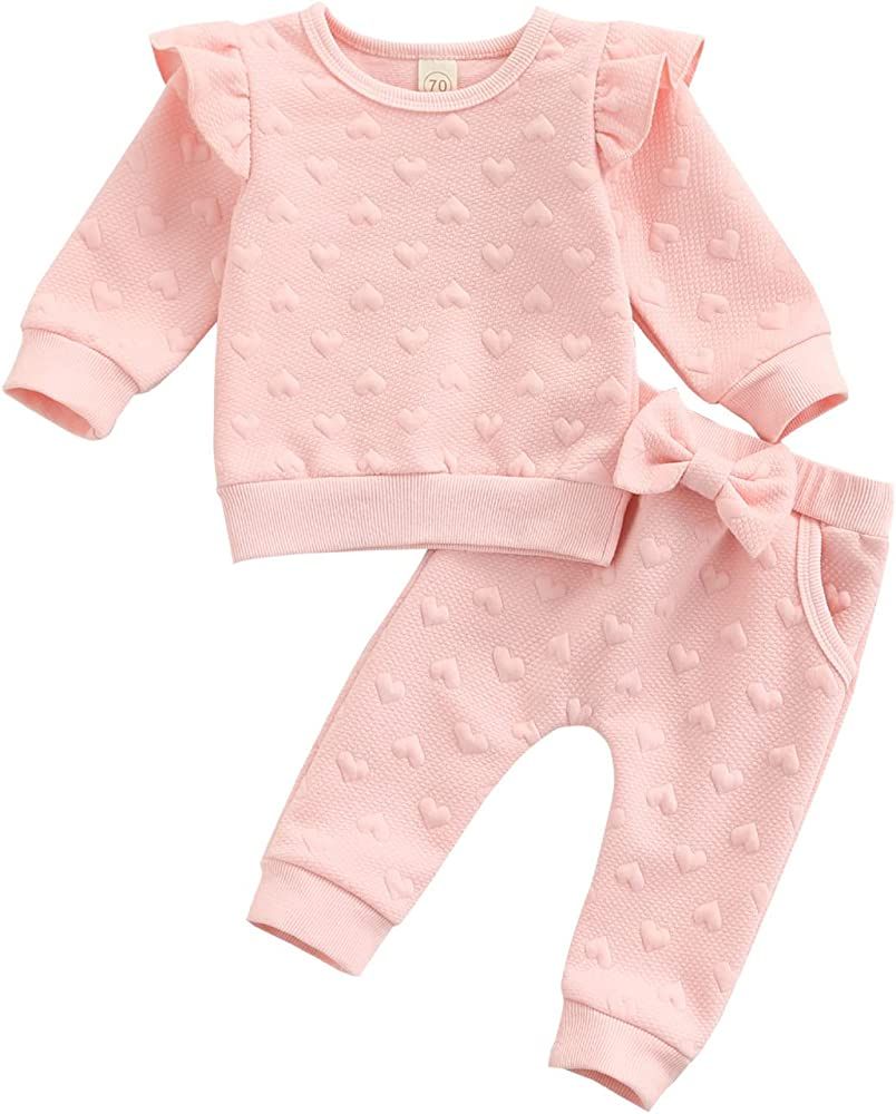 Baby Girl Clothes Set Ruffle Long Sleeve Sweatshirts Tops Pants Heart-Shape Printed Outfit | Amazon (US)